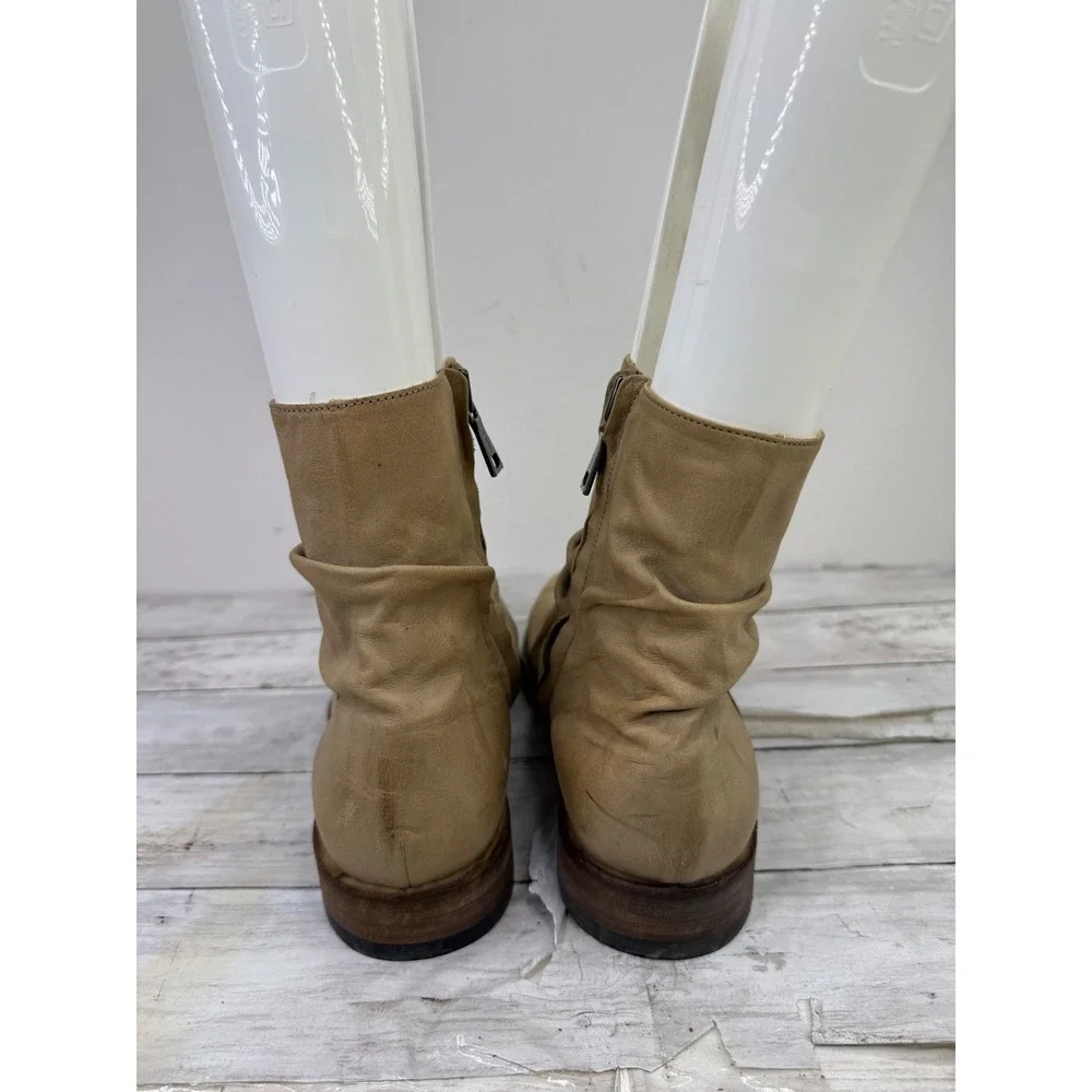 John Varvatos Tan Leather Slouchy Side Zip Ankle Boots Wood Heel